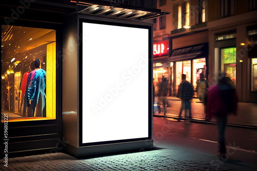 Mock-up of blank billboard at store street showcase window in a city at night. Generative ai