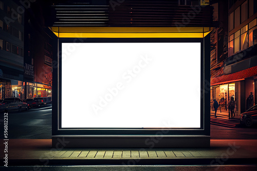 Mock-up of blank billboard at store street showcase window in a city at night. Generative ai