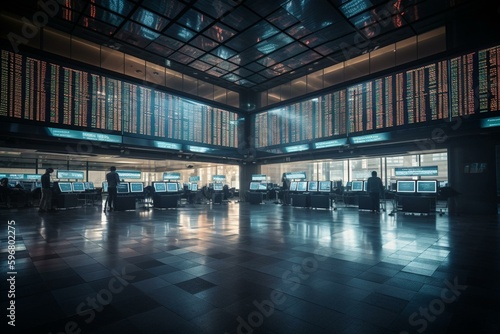 Stock exchange floor with auto sector data and price changes. Business trading concept. 3D illustration. Generative AI