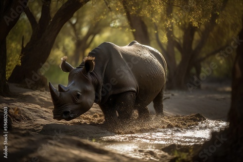 AI Generative - Save the Black Rhino Cooling Off in their Natural Habitat