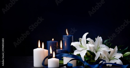 Mourning flowers white lilies and candles on a dark background in the form of a bouquet for condolences, generated by ai