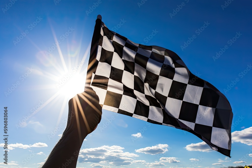 checkered flag on blue sky background, generative ai