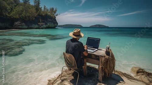 A digital nomad working on a laptop while sitting on a beautiful beach with turquoise water in the background. Generative Ai. photo