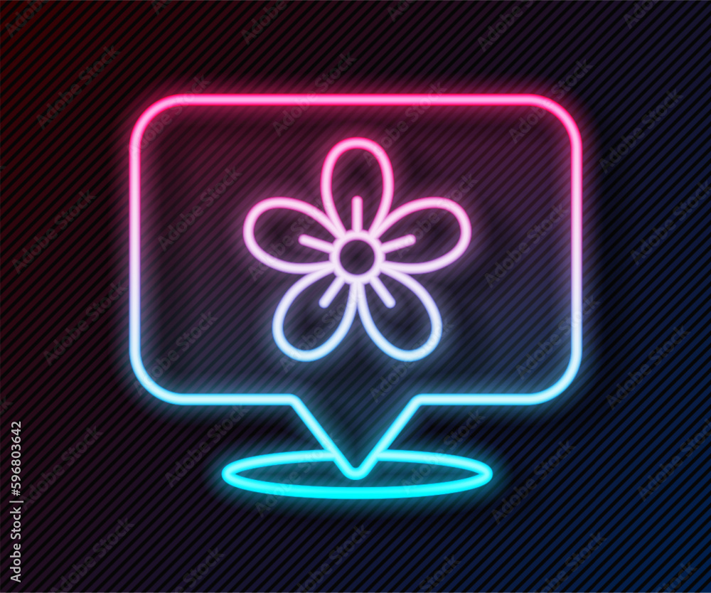 Glowing neon line Location with flower icon isolated on black background. Vector Glowing neon line Location with flower icon isolated on black background. Vector