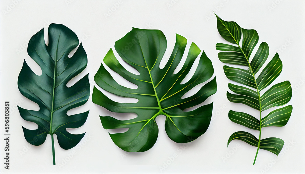 Fototapeta Topical Green Leafs set in solid white background Ai generated image