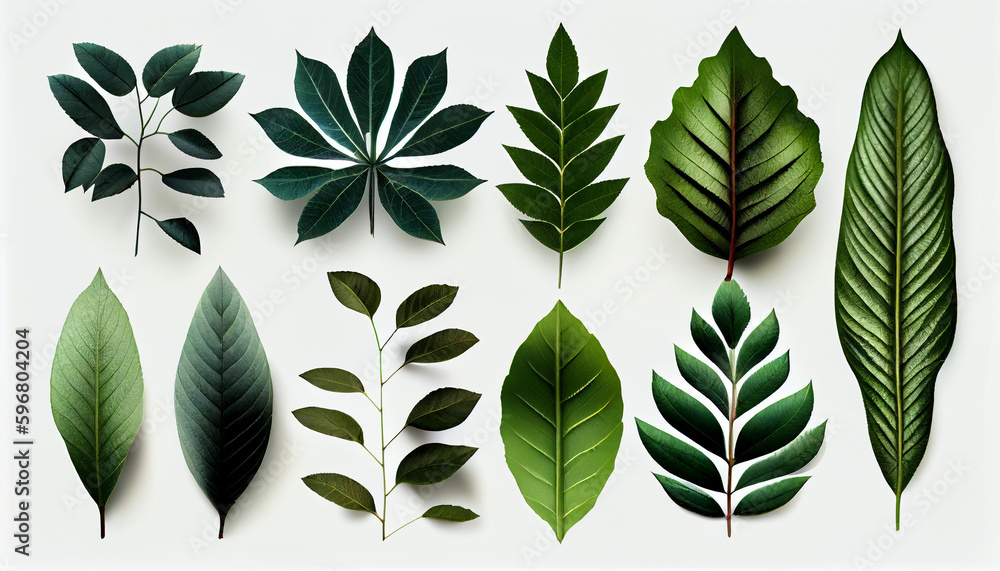 Topical Green Leafs set in solid white background Ai generated image