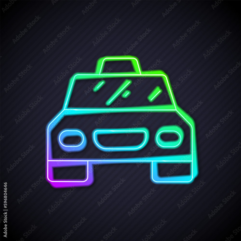 Glowing neon line Taxi car icon isolated on black background. Vector