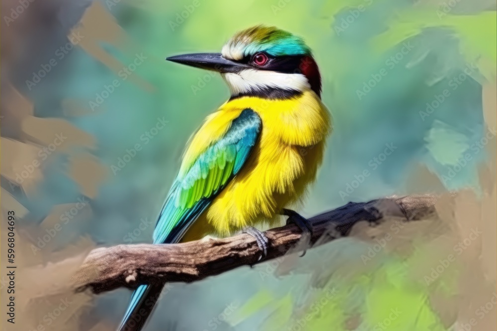 Fototapeta premium Colorful birds in nature, watercolor painting, generative ai