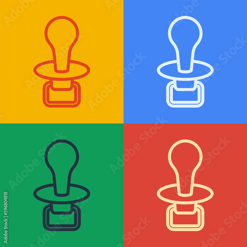 Pop art line Baby dummy pacifier icon isolated on color background. Toy of a child. Vector