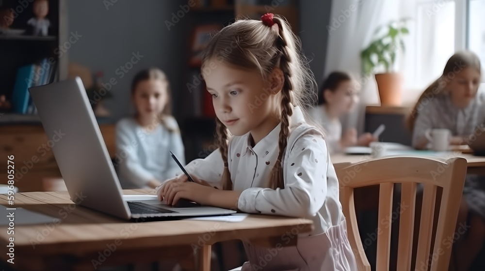 Online remote learning. School kids with computer having video conference chat with teacher and class group. Child studying from home. Generative Ai. Online remote learning. School kids with computer having video conference chat with teacher and class group. Child studying from home. Generative Ai.