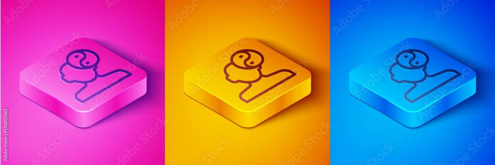 Isometric line Yin Yang symbol of harmony and balance icon isolated on pink and orange, blue background. Square button. Vector Isometric line Yin Yang symbol of harmony and balance icon isolated on pink and orange, blue background. Square button. Vector