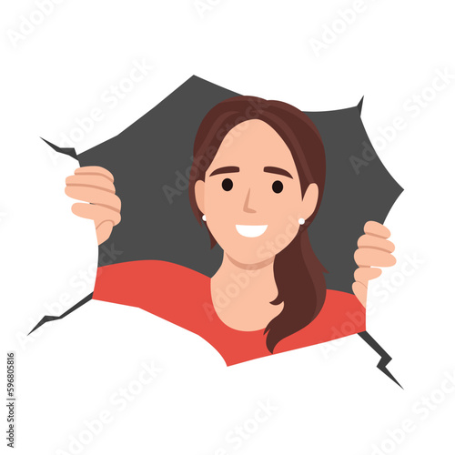 Smiling woman look out of paper holes. Happy woman face stare at camera from torn holes.