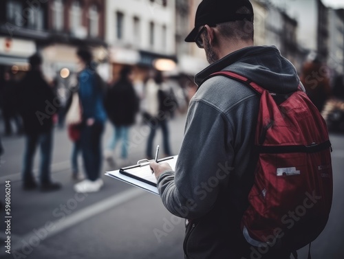 Hands holding a clipboard and conducting a survey with a blurred office or street background.