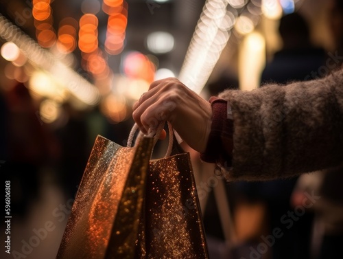 A person's hand holding a shopping bag with a blurred mall or shopping center background.