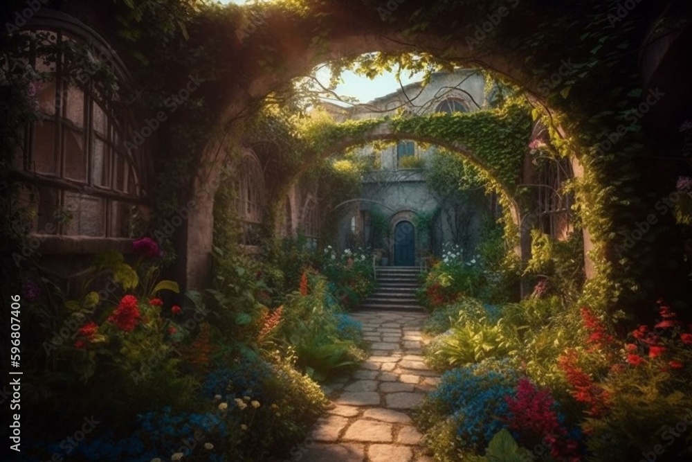 A stunning hidden garden with floral arches and vibrant foliage. Digital painted backdrop. Generative AI