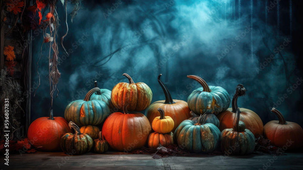 Pumpkins in the spooky forest in the moonlight. Halloween background. Generative AI Pumpkins in the spooky forest in the moonlight. Halloween background. Generative AI