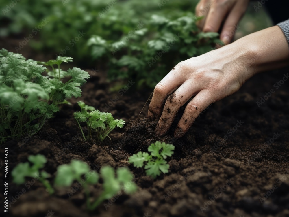 Close-up of hands holding a plant and planting it in a garden with a blurred background of other plants. Close-up of hands holding a plant and planting it in a garden with a blurred background of other plants.