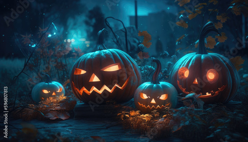 Pumpkins in the spooky forest in the moonlight. Halloween background. Generative AI