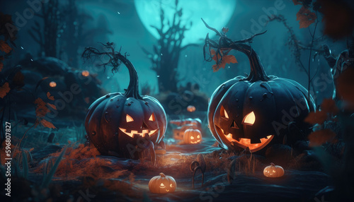 Pumpkins in the spooky forest in the moonlight. Halloween background. Generative AI