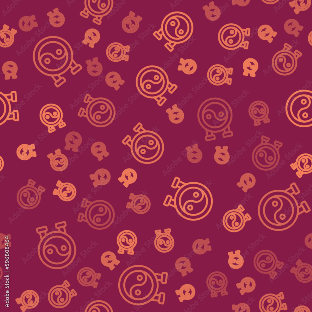 Brown line Yin Yang symbol of harmony and balance icon isolated seamless pattern on red background. Vector Brown line Yin Yang symbol of harmony and balance icon isolated seamless pattern on red background. Vector