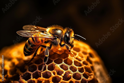 Nature's Architecture: A Bee on the Waxy Cell of Honeycomb - Generative Ai