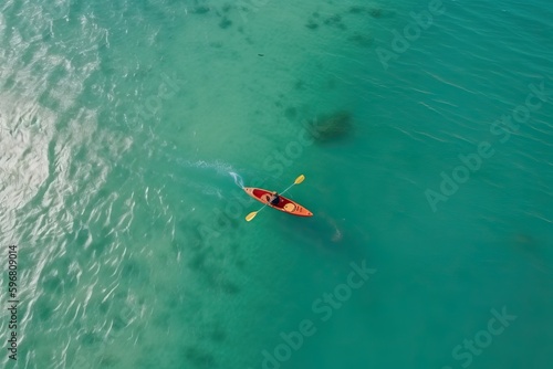 Sportsman swims on a kayak in the sea, drone view of a kayak in the sea, generative AI.