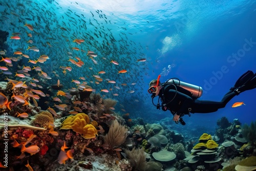 A person is engaged in diving and explores the marine world  a diver sees sea corals and fish under water  generative AI.