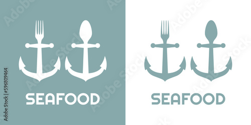 Logo restaurante con texto Seafood con set de siluetas de tenedor y cuchara con forma de ancla de barco