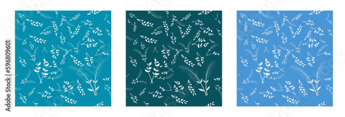 Set of simple floral seamless patterns. Plants, leaves, leaf and small flowers collection. All over print. Botanical collage in modern flat liberty style. Floral silhouettes. Summer motif.
