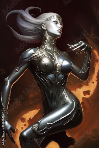 Beautiful alien princess wearing in tight jumpsuit, Fantasy creation. Generative AI illustration