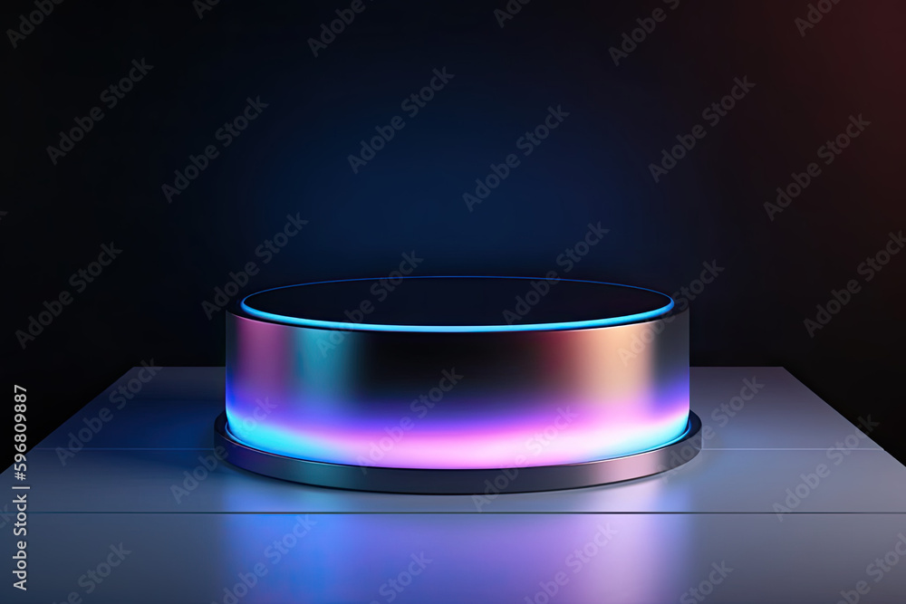 Elegant product display with neon reflections in a dark background with copy space, generative ai illustration Elegant product display with neon reflections in a dark background with copy space, generative ai illustration