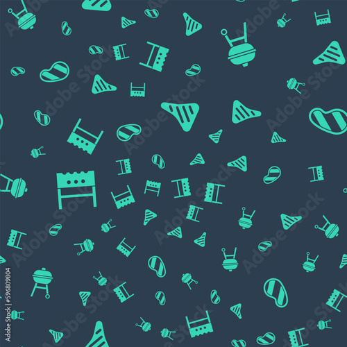 Set Steak meat, Barbecue grill, BBQ brazier and on seamless pattern. Vector