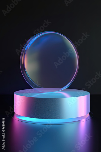 Modern metallic podium with holographic reflections on a black background with copy space 