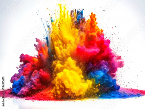Freeze motion of colored powder explodes on white background. Abstract colorful explosion. Generative AI