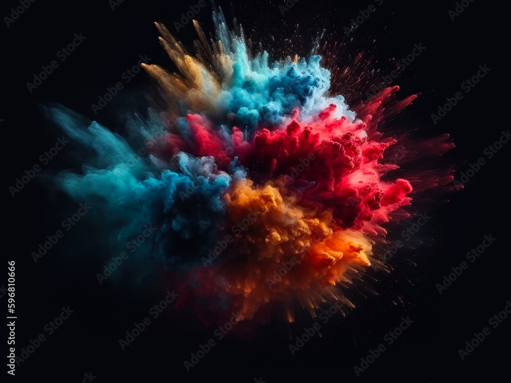 Freeze motion of colored powder explodes on black background. Abstract colorful explosion. Generative AI