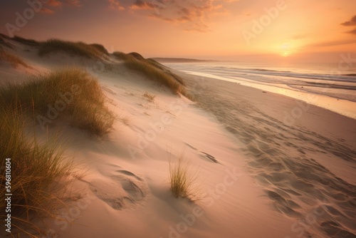 Beach and sand landscape photo on a slightly foggy summer morning. Generative AI
