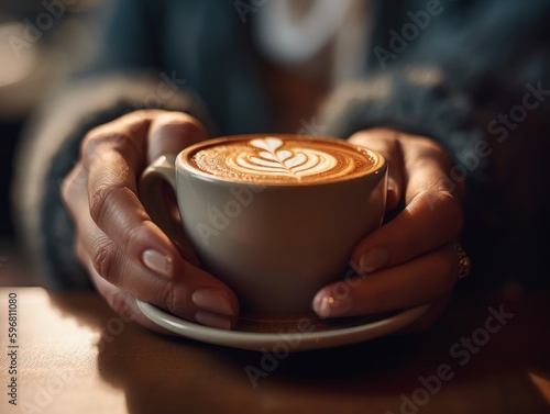 Hands holding a coffee cup with a blurred cafe background