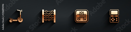 Set Roller scooter, Abacus, Tic tac toe game and Tetris electronic icon with long shadow. Vector