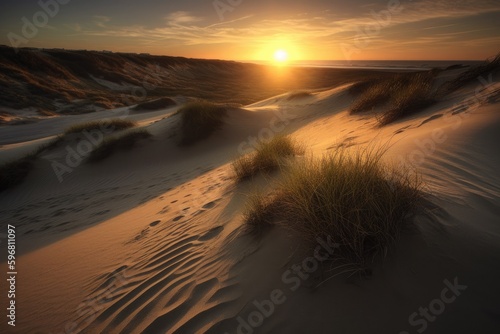 Sunset landscape photo of sand dunes by the beach. Generative AI