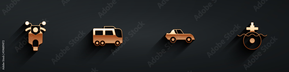 Set Scooter, Bus, Car and Submarine icon with long shadow. Vector Set Scooter, Bus, Car and Submarine icon with long shadow. Vector