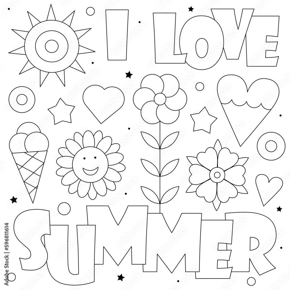 I love Summer. Coloring page. Vector illustration of the sun, flowers ...