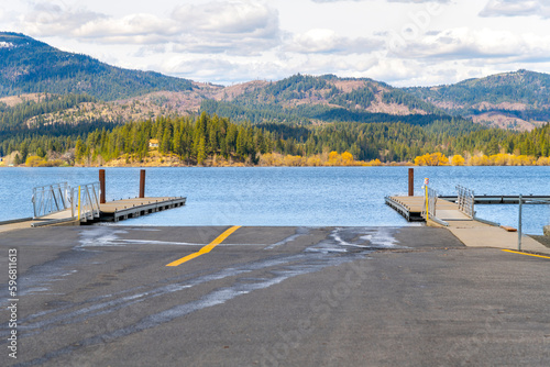 Docks, jettys and pedestrian walkways along the shore of Hauser Lake, in the rural city of Hauser Lake, Idaho, one of the cities in the general Coeur d'Alene area of North Idaho. photo