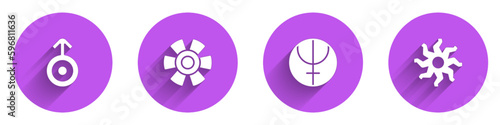 Set Symbol Uranus, Sun, Neptune planet and icon with long shadow. Vector