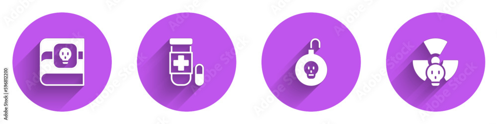 Set Book about poisons, Antidote, Nuclear bomb and Radioactive icon with long shadow. Vector Set Book about poisons, Antidote, Nuclear bomb and Radioactive icon with long shadow. Vector