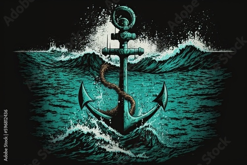 Anchor on the bottom of the ocean underwater, abandoned anchor from a ship underwater, generative AI.