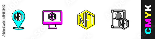 Set NFT Digital crypto art, Monitor with store app, and icon. Vector