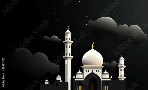A white and black background with a mosque and a white cloud .Social media posts .Muslim Holy Month Ramadan Kareem .Ramadan Mubarak beautiful greeting card. Generative AI © zaschnaus
