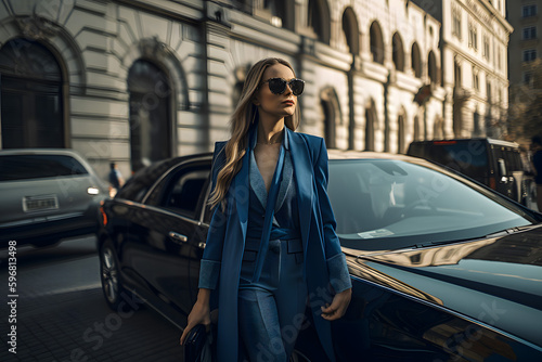 Girl in stylish expensive clothes in a blue business suit gets out of the car in the business district of the city and walks down the street. 