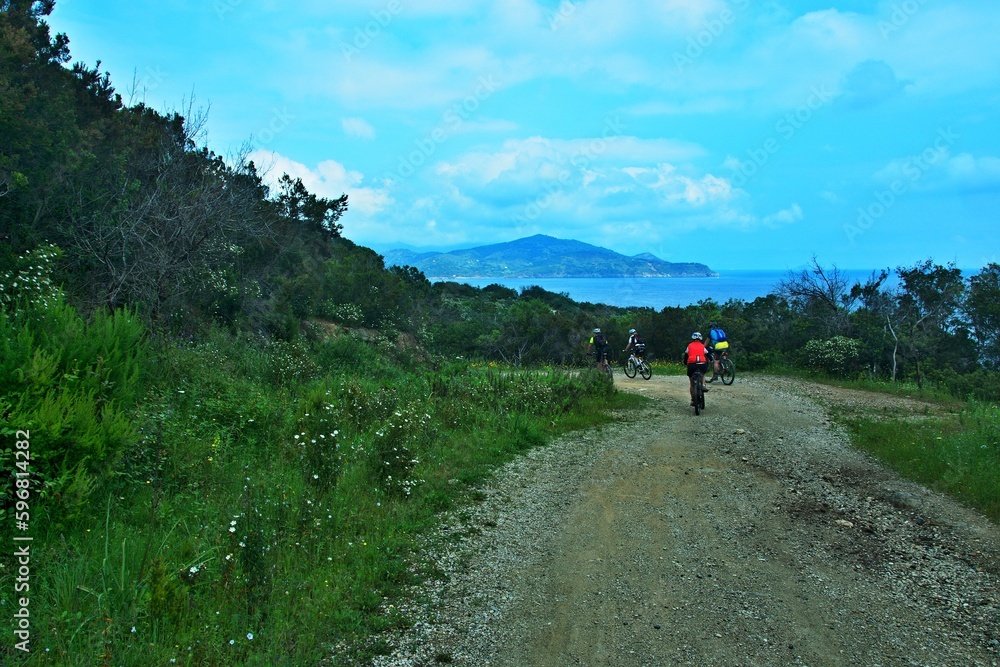 Italy-view on the cyclicts near town Pareti on the island of Elba Italy-view on the cyclicts near town Pareti on the island of Elba