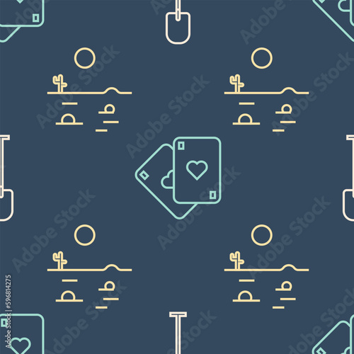 Set line Shovel, Desert landscape with cactus and Playing cards on seamless pattern. Vector
